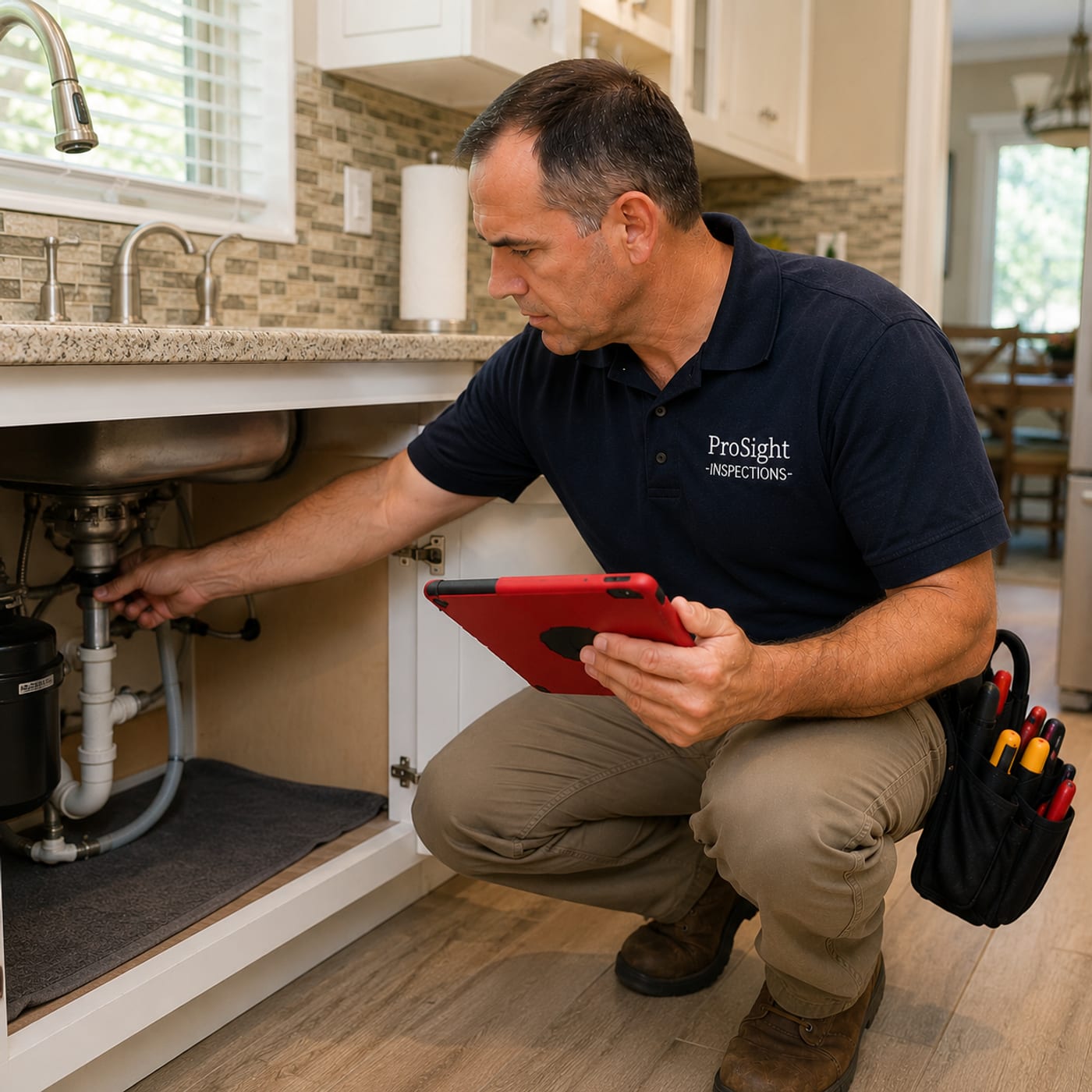 Prosight inspector checking under-sink plumbing