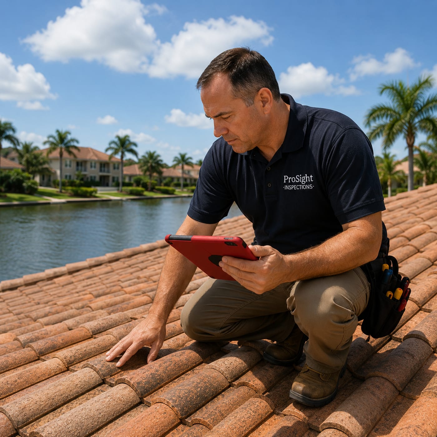 Prosight inspector on a Florida tile roof with a tablet